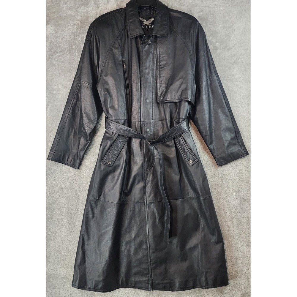 Adler Geniune Leather Jacket Womens XL‎ Black Trench Coat Belted 90s Vintage
